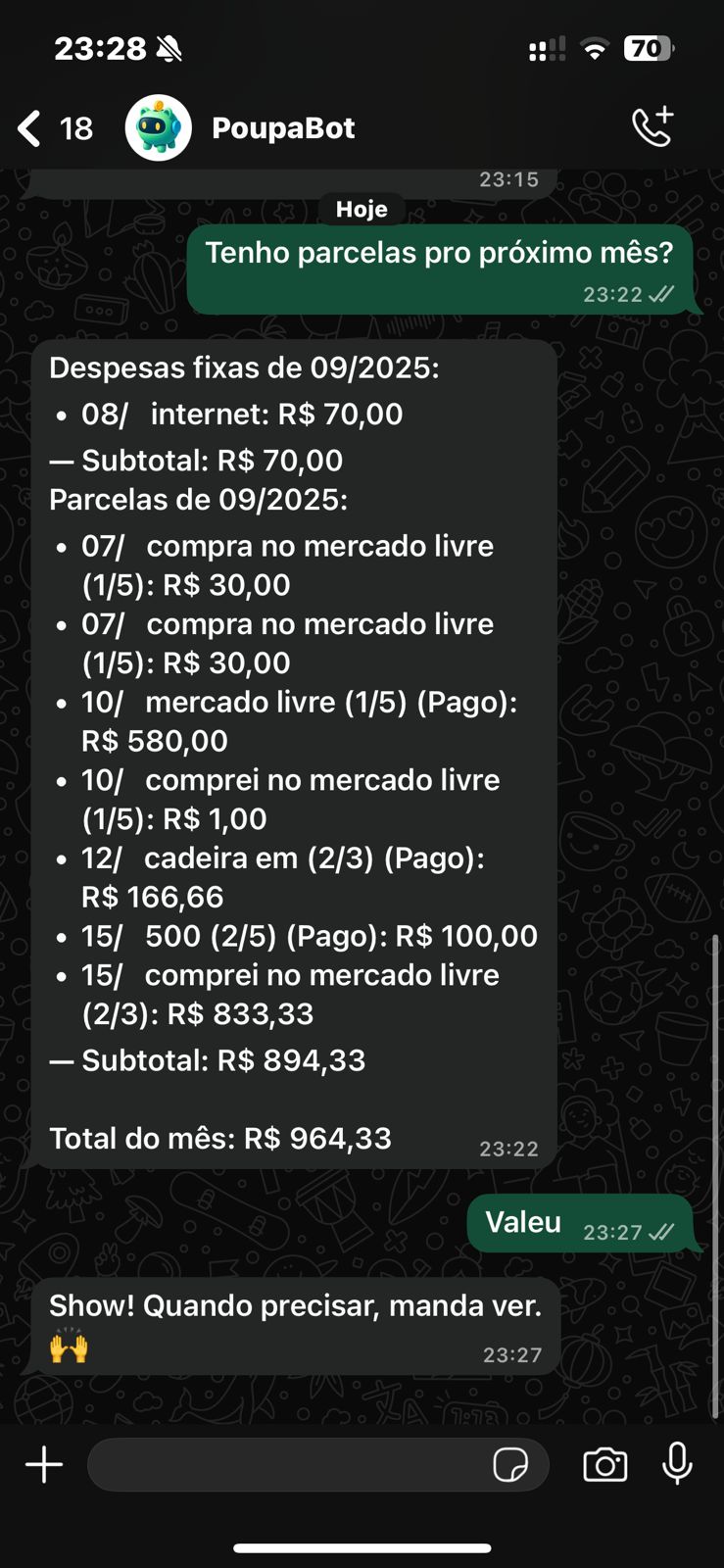 Extrato no WhatsApp